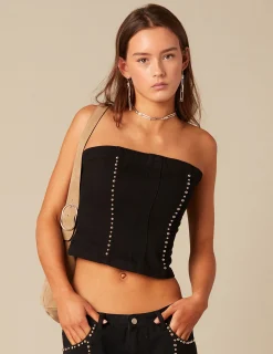 Nicoli Tops|Denim<BLACK STUDDED TOP Negros
