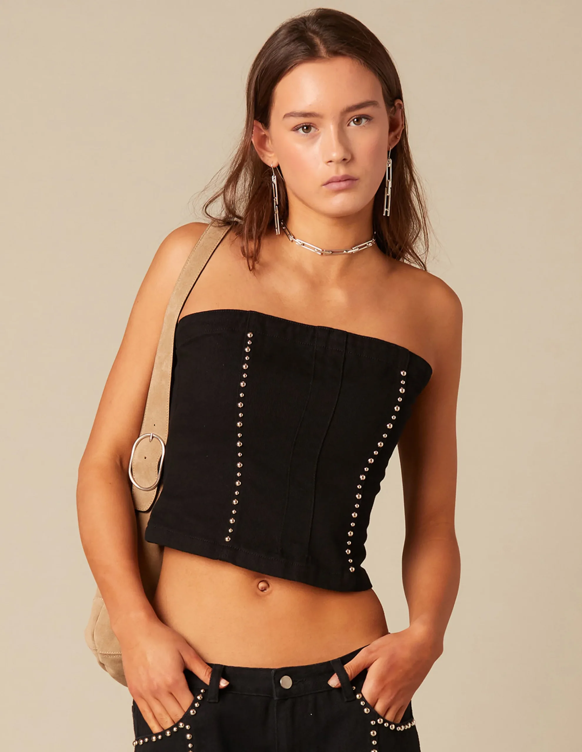 Nicoli Tops|Denim<BLACK STUDDED TOP Negros