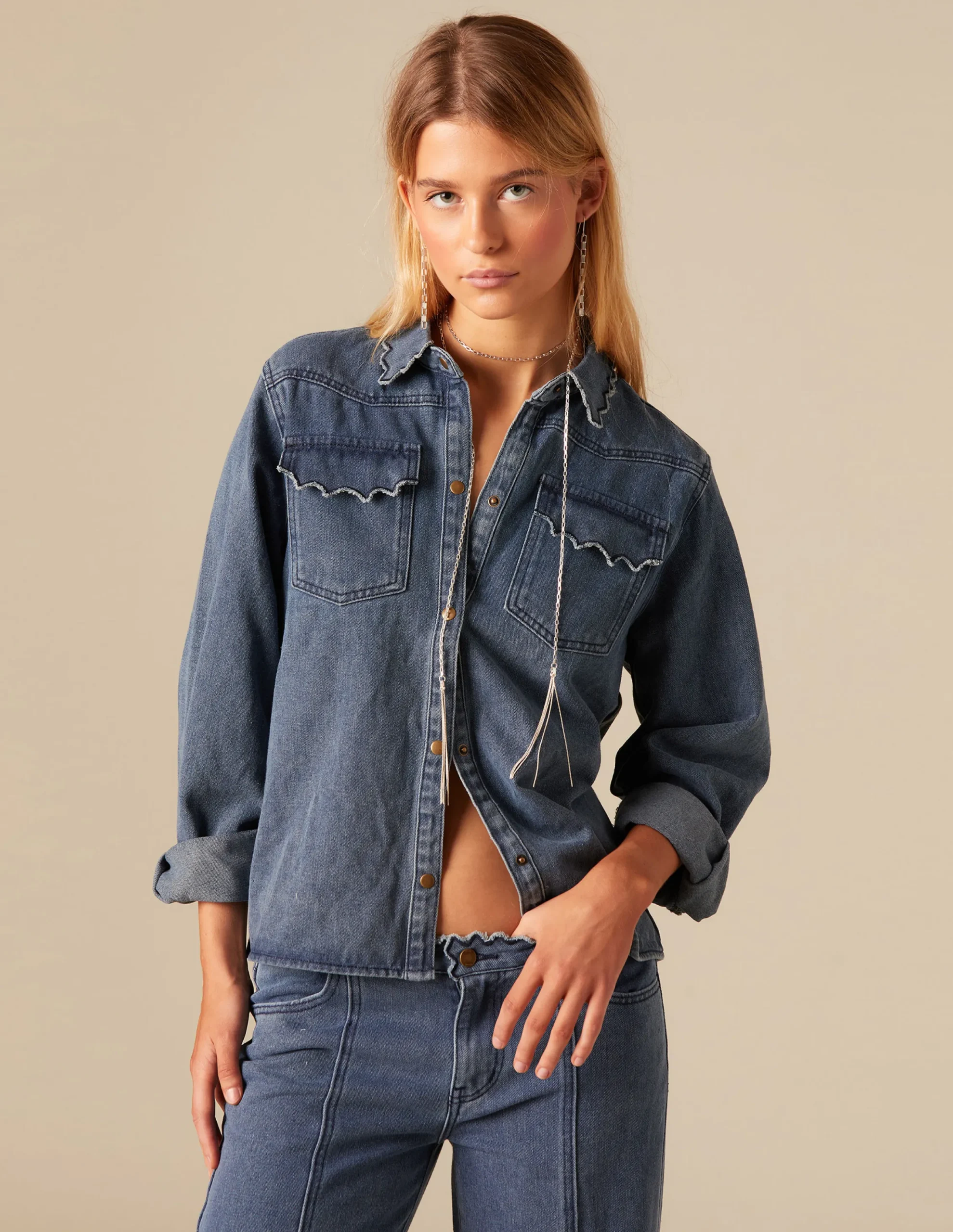 Nicoli Denim|Shirts & Blouses<DENIM RUFFLED COLLAR SHIRT Azul vaquero