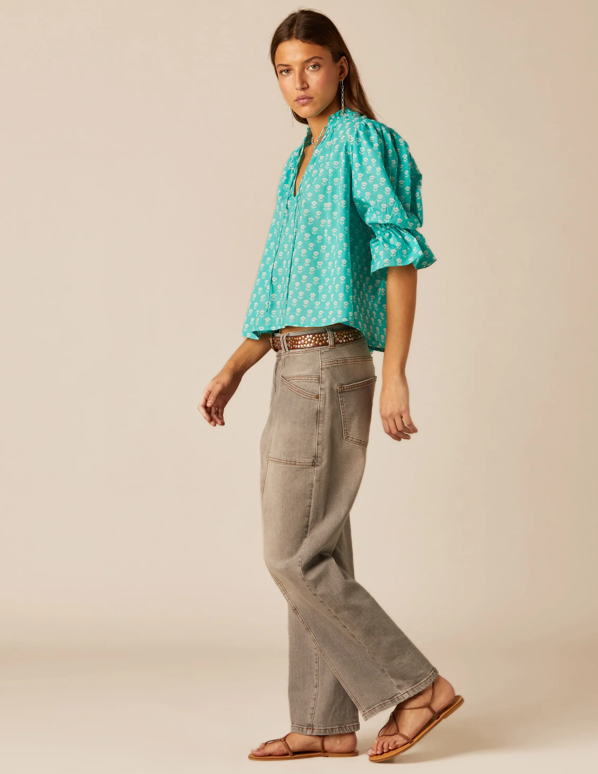 Nicoli Shirts & Blouses<GREEN FLORAL SHIRT Verde turquesa