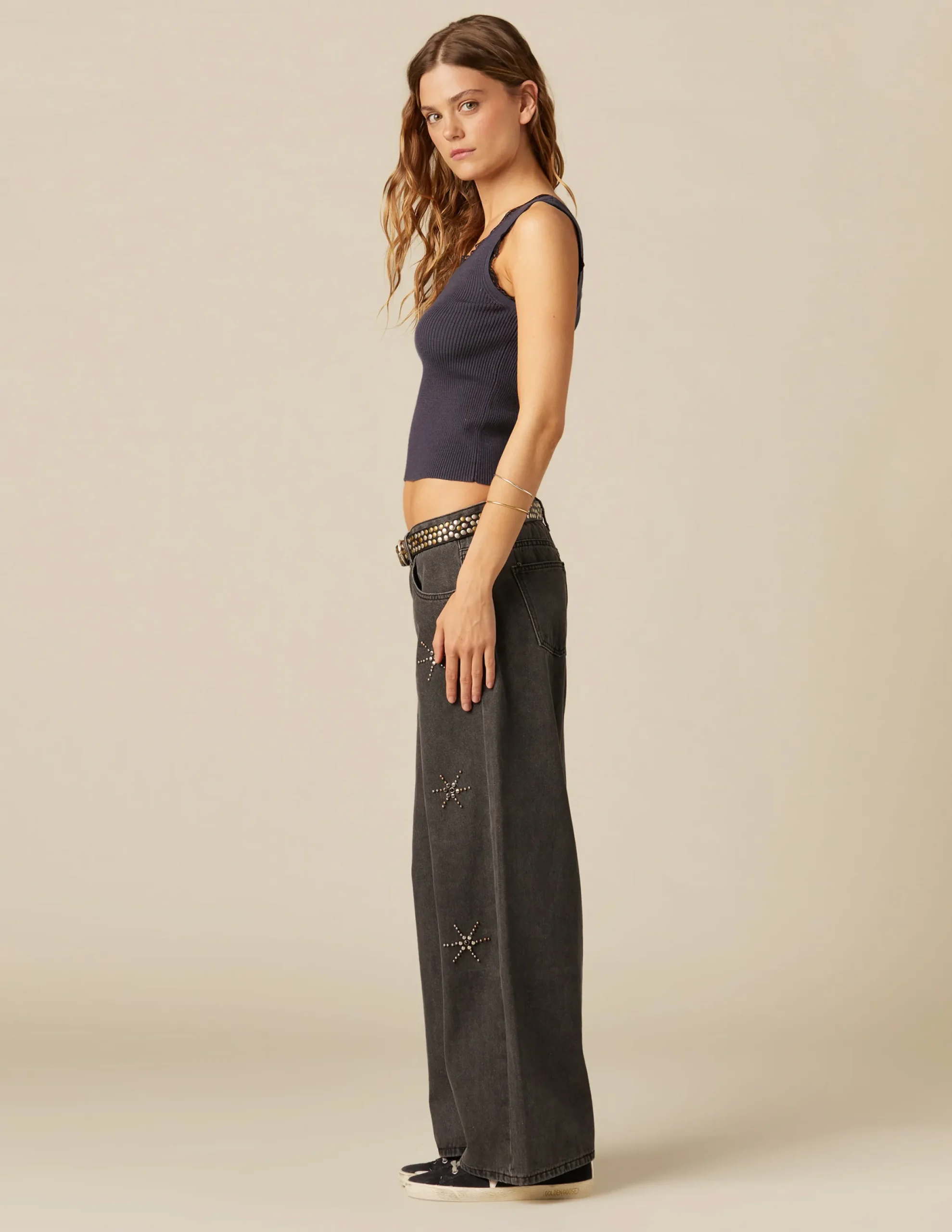 Nicoli Trousers|Denim<GREY SUN STUDDED TROUSERS Grises