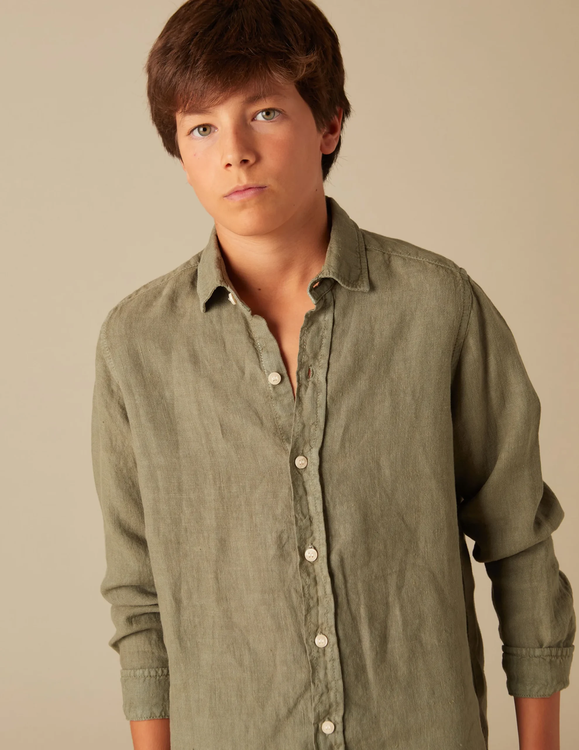 Nicoli Shirts<KHAKI LINEN SHIRT Blancos
