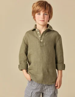 Nicoli Shirts<KHAKI LINEN SHIRT Azules claros