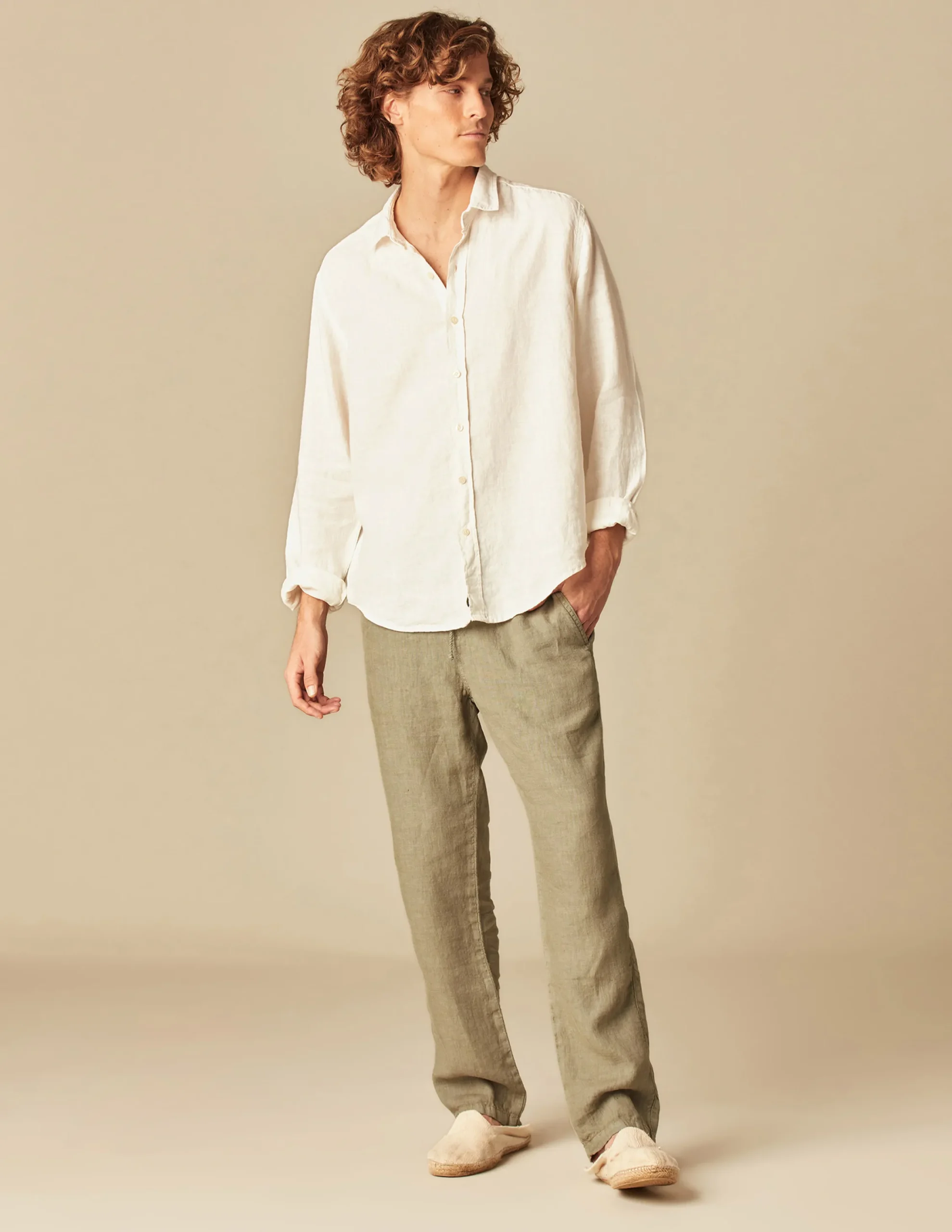 Nicoli Trousers<KHAKI LINEN TROUSERS Verde caza