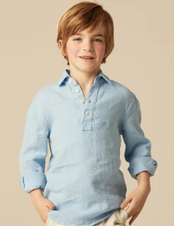 Nicoli Shirts<LIGHT BLUE LINEN POLO SHIRT Azules claros