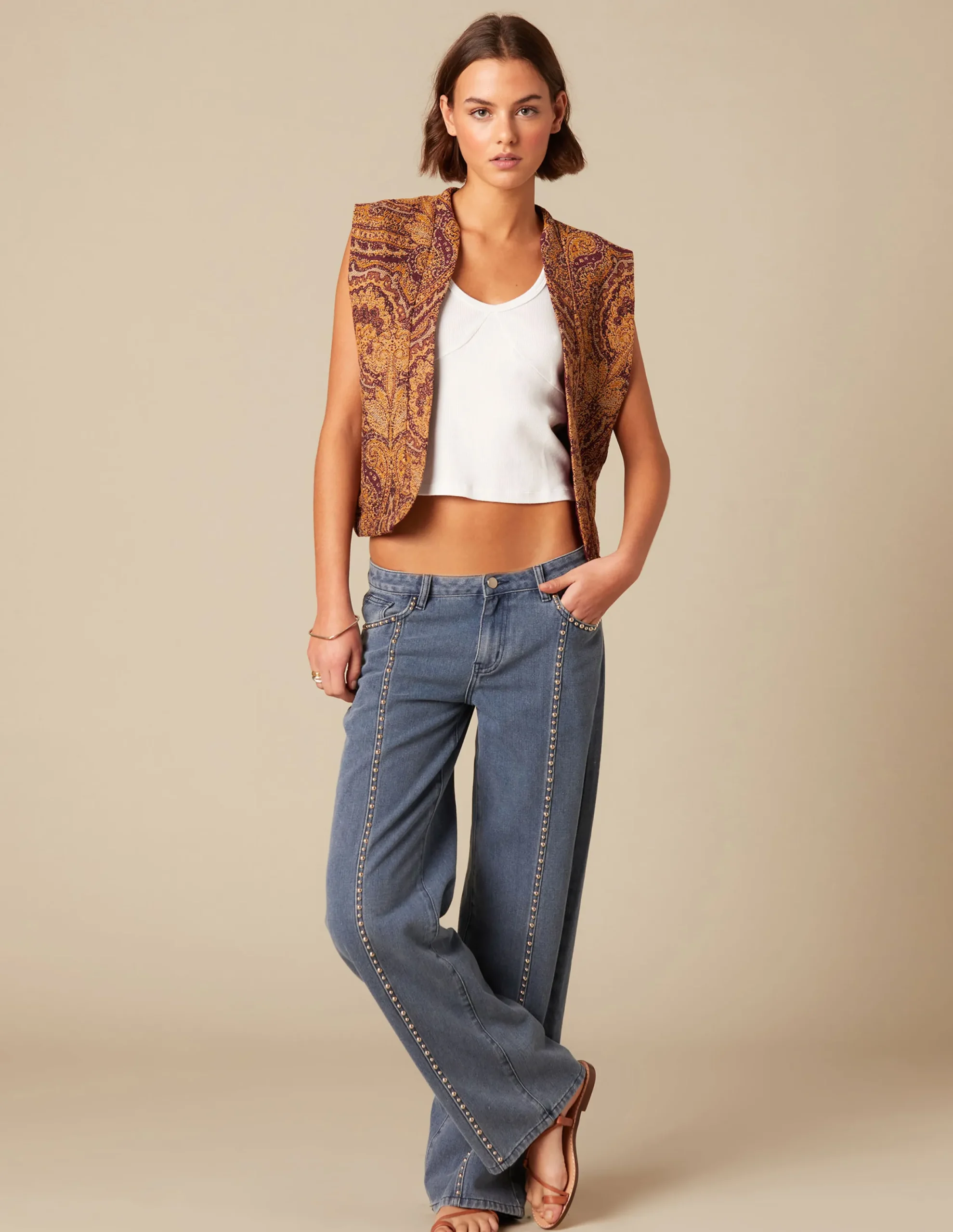 Nicoli Trousers|Denim<MID BLUE STUDDED TROUSERS Negros